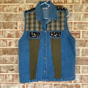 Shelly Arnold Vintage Denim Plaid Floral Vest